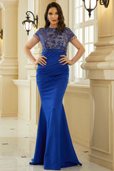 Vestidos de noche formales de sirena con mangas casquillo en azul real